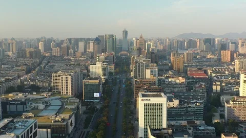 Sunset time flight over hangzhou city traffic street aerial panorama 4k china Stock Footage 125495435