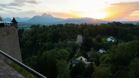 Sunset Time Lapse Aerial Panoramic View from Festungsberg Mountain Alps In S Stock Footage 214966497