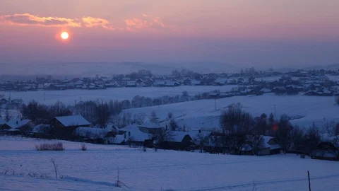 Sunset Time Lapse of Bukovina Hillside Village Amazing Landscape Winter Season Video stock 99887172