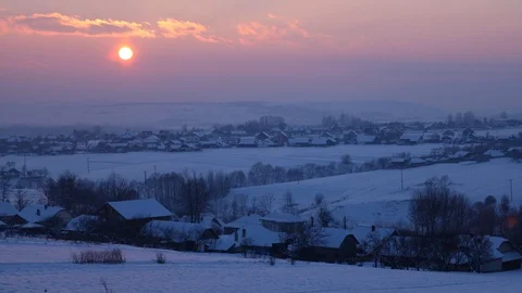 Sunset Time Lapse of Bukovina Hillside Village Amazing Landscape Winter Snow Video stock 99887210