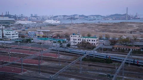 Sunset time-lapse at Busan Station and port Video stock 117231064