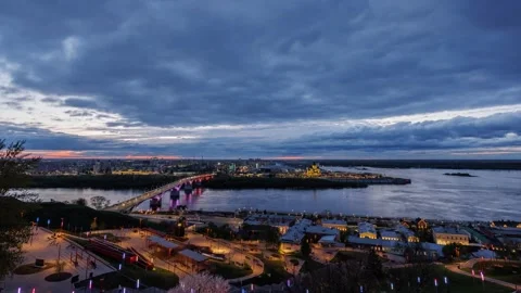 A sunset time-lapse capturing the famous view of the arrow in Nizhny Novgorod Stock Footage 308198681