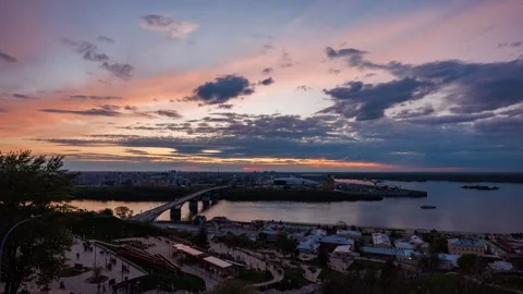 A sunset time-lapse capturing the famous view of the arrow in Nizhny Novgorod Stock Footage 308839916