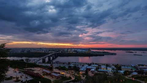 A sunset time-lapse capturing the famous view of the arrow in Nizhny Novgorod Stock Footage 309177436