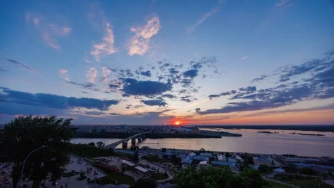 A sunset time-lapse capturing the famous view of the arrow in Nizhny Novgorod Stock Footage 310546733