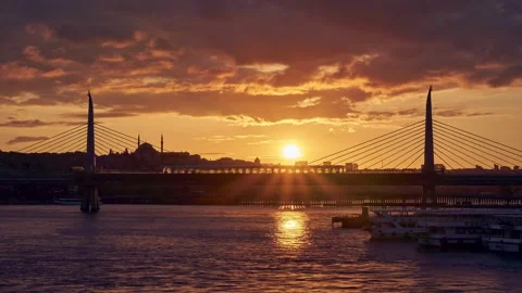 Sunset time lapse clip with Halic metro station, Istanbul, Turkey Stock Footage 136853671