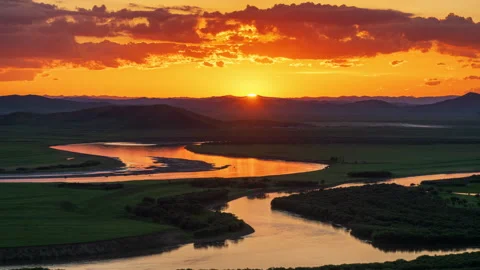 Sunset Time-Lapse of First Bend of Yellow River in Tangke, Ruoergai Wetland Stock Footage 346289631