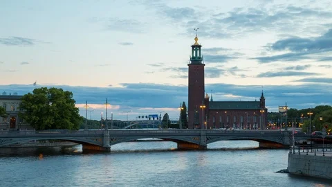 Sunset Time lapse of the historic city hall stadshus in Stockholm, Sweden Stock Footage 95977351