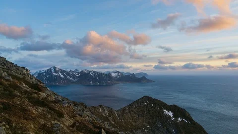 Sunset time lapse in the mountains by the sea in Lofoten Stock Footage 112720413