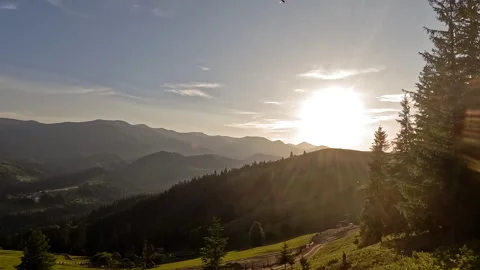 Sunset Time-Lapse Over Carpathian Mountains, Warm Light Over Forested Hills and Stock Footage 312314041