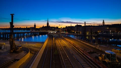 Sunset time lapse over Gamla Stan island in Stockholm, Sweden Stock Footage 96067261