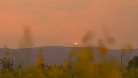 Sunset time lapse over hills and on golden sunshine sky background, clear clouds Stock Footage 125936640