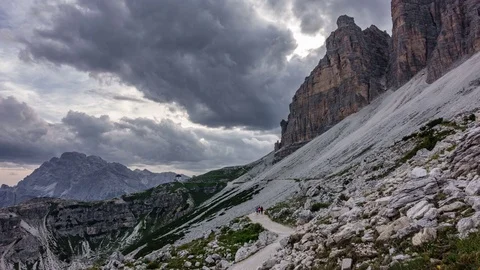 Sunset time lapse over tre cime di Lavaredo and refuge Stock Footage