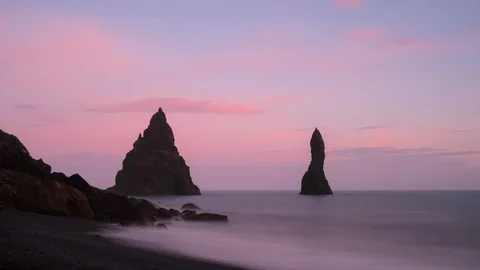 Sunset Time Lapse at Reynisfjara Facing Sea Stacks Stock Footage 126199841