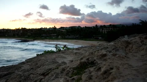 Sunset time-lapse on the rocky shore of tropical Hawaii resort coastline. Video stock 135236341