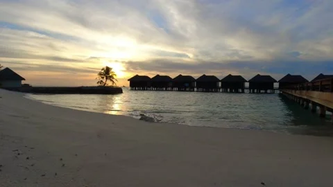 Sunset Time-Lapse Shooting at the Maldives Island. Overwater bunglow. Fast Time. Stock Footage 161745880