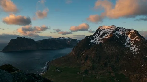 Sunset time lapse at Uttakleiv Beach from the mountains Stock Footage 112720694