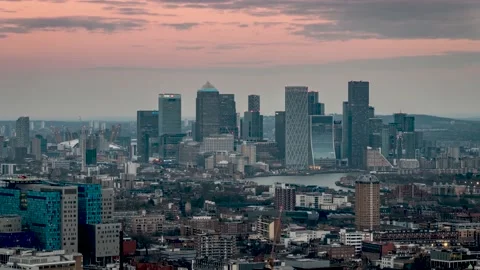 Sunset time lapse view of the skyline of Canary Wharf Stock Footage 188788843