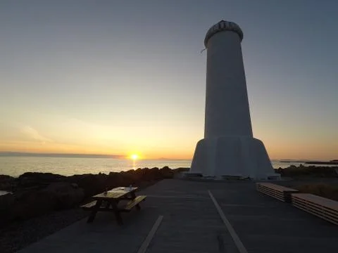 Sunset Time on the Lighthouse in Arnarstapi, Iceland 库存照片