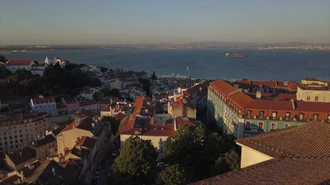 Sunset time lisbon cityscape bay aerial panorama 4k portugal Stock Footage 152619922