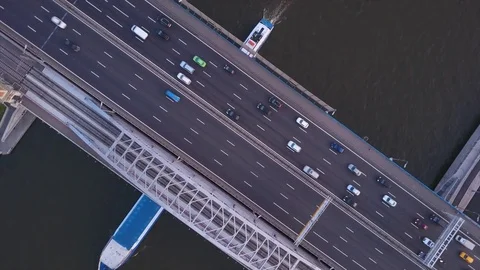 Sunset time moscow river traffic ring bridge aerial panorama 4k russia Stock Footage 82510785