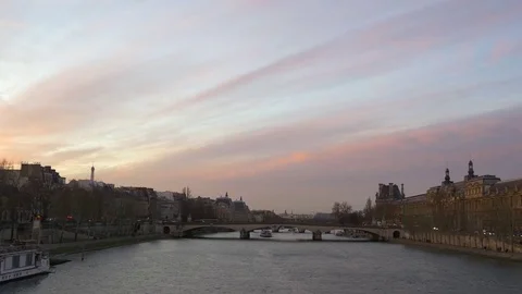 Sunset time paris city seine river museum bridge panorama 4k france Stock Footage 79336906