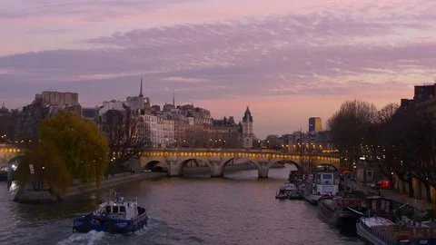 Sunset time sky paris city seine river island bridge traffic panorama 4k france Stock Footage 79337063