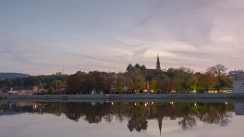 Sunset time stuttgart city riverside panorama 4k timelapse germany Vídeo Stock 244285183