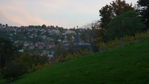 Sunset time stuttgart cityscape park top slow motion panorama 4k germany Stock Footage 277650300