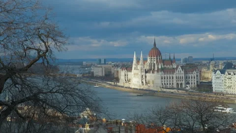 Sunset time under budapest parliament. Stock Footage 258300710