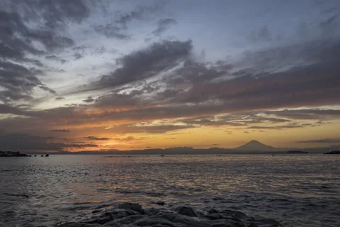 Sunset Timelapse from the beach in Hayama with Mount Fuji In The Distance 1a 6K Stock Footage 258102605