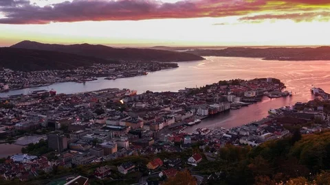 Sunset timelapse. Bergen  city view from Mount Floyen. Bergen, Norway. Stock Footage 108864598
