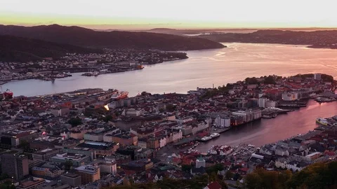Sunset timelapse. Bergen  city view from Mount Floyen. Bergen, Norway. Stock Footage 108864665