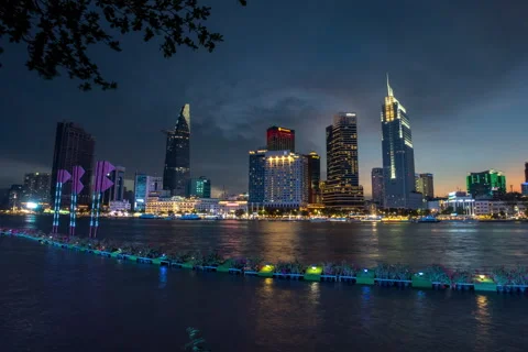 Sunset timelapse the city from Saigon Riverside Park Stock Footage 271059951