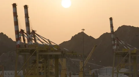 Sunset Timelapse of Cranes at Port Sultan Qaboos in Muscat Stock Footage 44722000