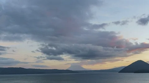 Sunset timelapse of the famous Lake Toya with Mount Yotei Stock Footage