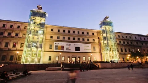 Sunset timelapse of the front facade of the Museo Reina Sofia, in Madrid, Spain. Stock Footage 69938209