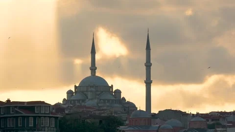 Sunset Timelapse Mosque, Dramatic Fast Motion Clouds, birds Stock Footage 142988805
