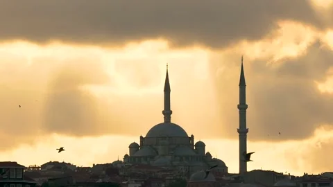 Sunset Timelapse Mosque, Dramatic Fast Motion Clouds, birds Stock Footage 142988808