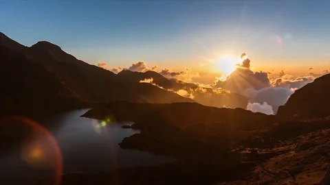 Sunset timelapse of Nepal mountains with lake goes in to silhouette Stock Footage