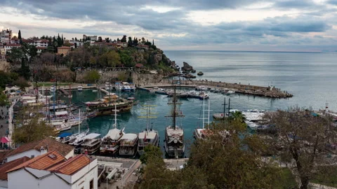 Sunset timelapse of the old harbour in Antalya, Turkey. Historical marina in the Stock-Footage 222927555