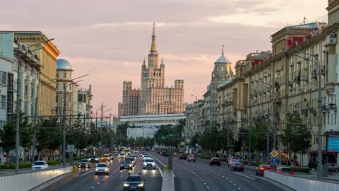 Sunset Timelapse of One of the Seven Sister Skyscrapers in Moscow, Russia Stock Footage 255975266