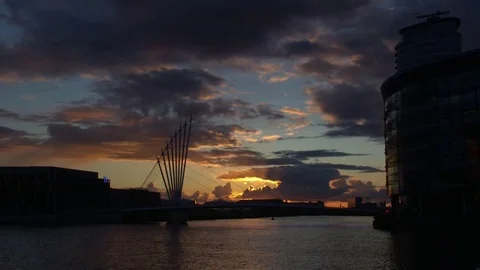 Sunset  timelapse over MediaCity UK Salford Quays Stock Footage 73276822