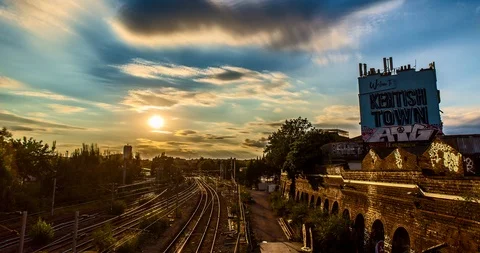 Sunset timelapse over the railway in Kentish Town, Camden, London, UK Stock Footage 109898544
