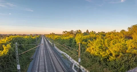 Sunset timelapse over Riedbahn railway and Frankfurt skyline Germany Stock Footage 336101453