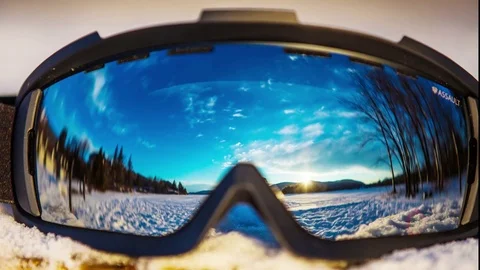 Sunset timelapse ski goggle reflection sunset Lake Tremblant Stock Footage 78695134