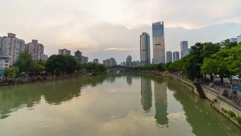 Sunset timelapse of traditional Chinese bridge over river in Chengdu with Stock Footage 320163673