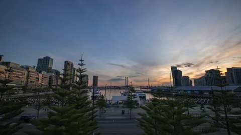Sunset timelapse video of Bolte Bridge at Docklands in Melbourne Stock Footage 156944499