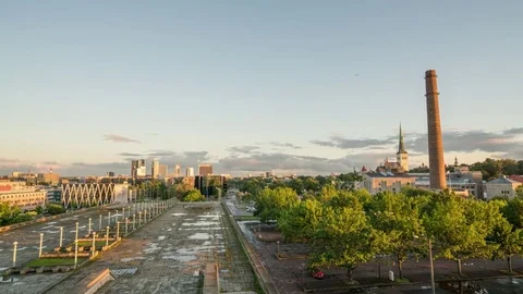 Sunset timelapse view of the old town in Tallin and financial district Stock Footage 80829466