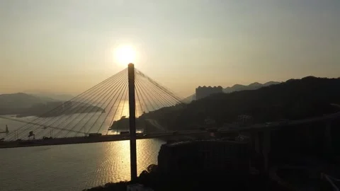 Sunset in Ting Kau Bridge. Side pass Stock Footage 169125753